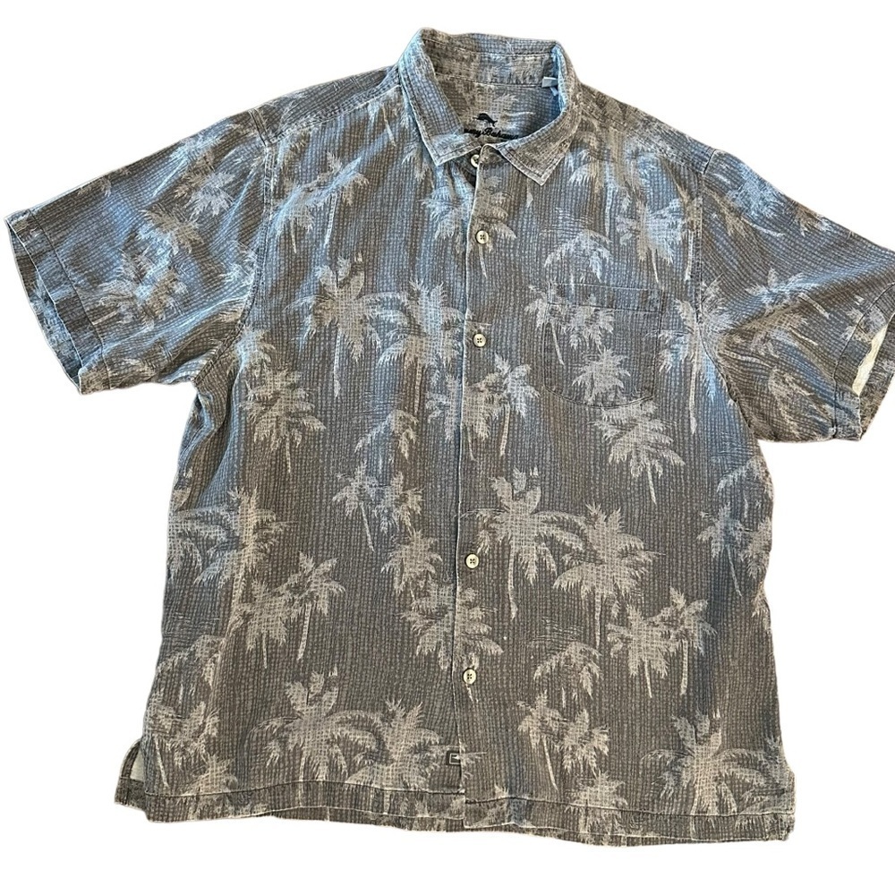 Men’s Tommy Bahama Gray Hawaiin S/S Silk Button Up Down Shirt Size XXL 2XL